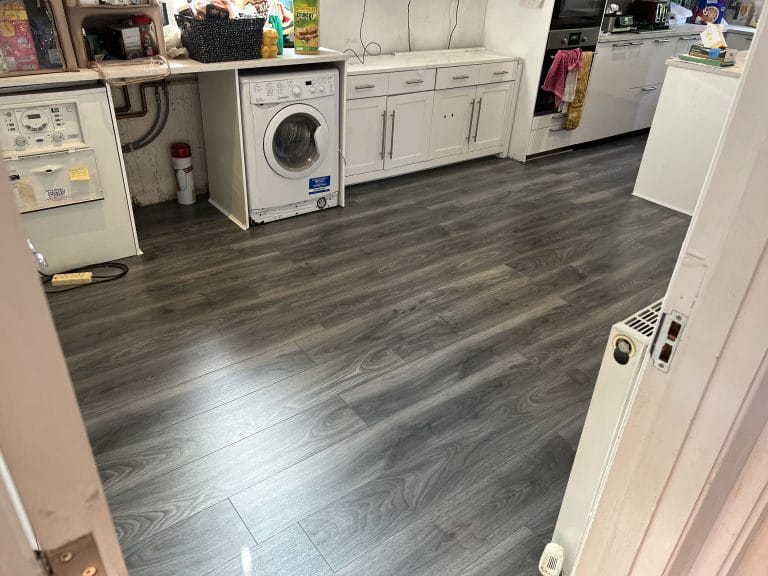 Laminate floor installation.